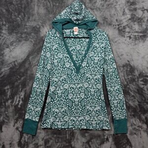 Curious Gypsy Henley Hoodie Womens Large Teal Paisley Thermal Waffle Knit Top